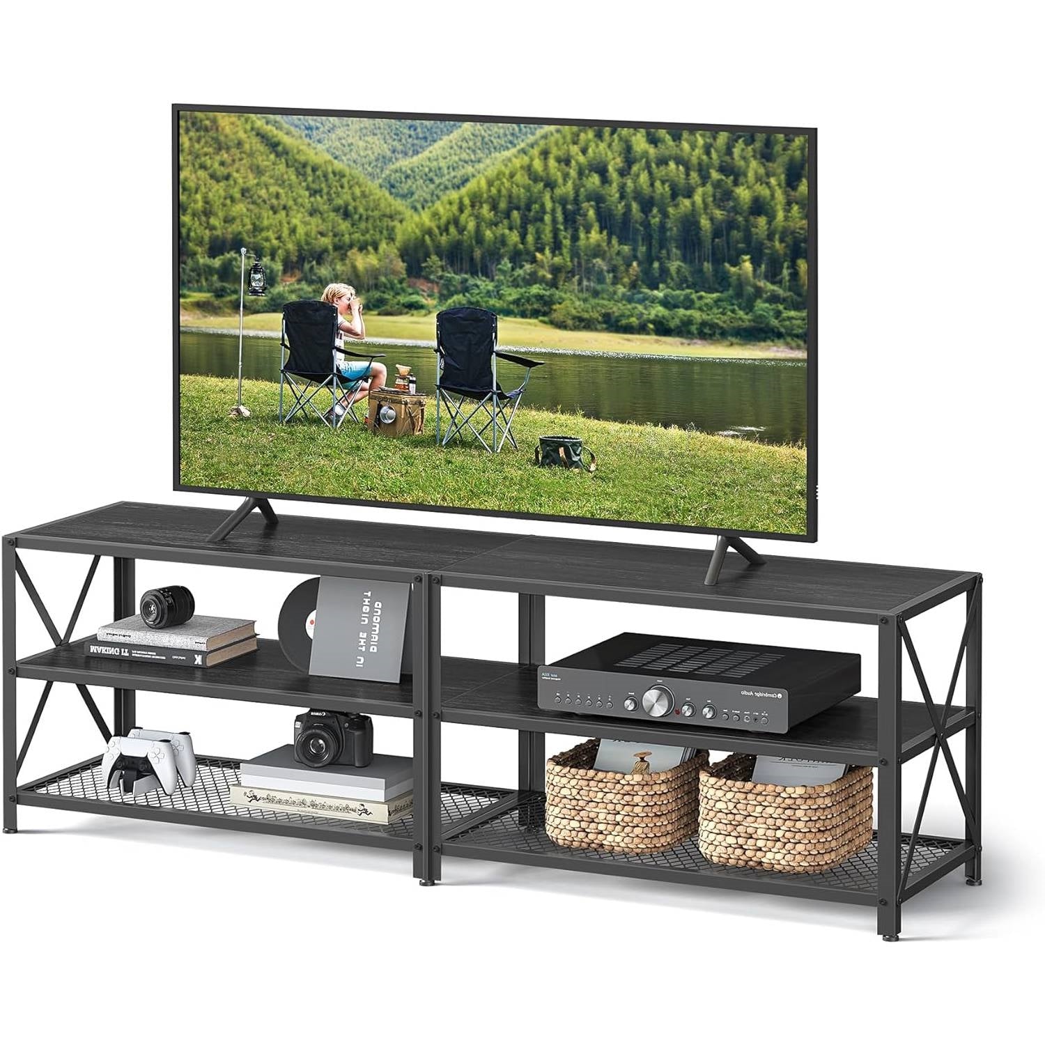 Industrial Black Metal Wood TV Stand Entertainment Center for TV up to 70-inch-0