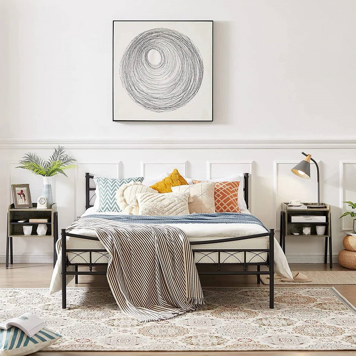 Set of 2 Modern Industrial Grey Wood Black Metal Side Table Nightstand End Table-2