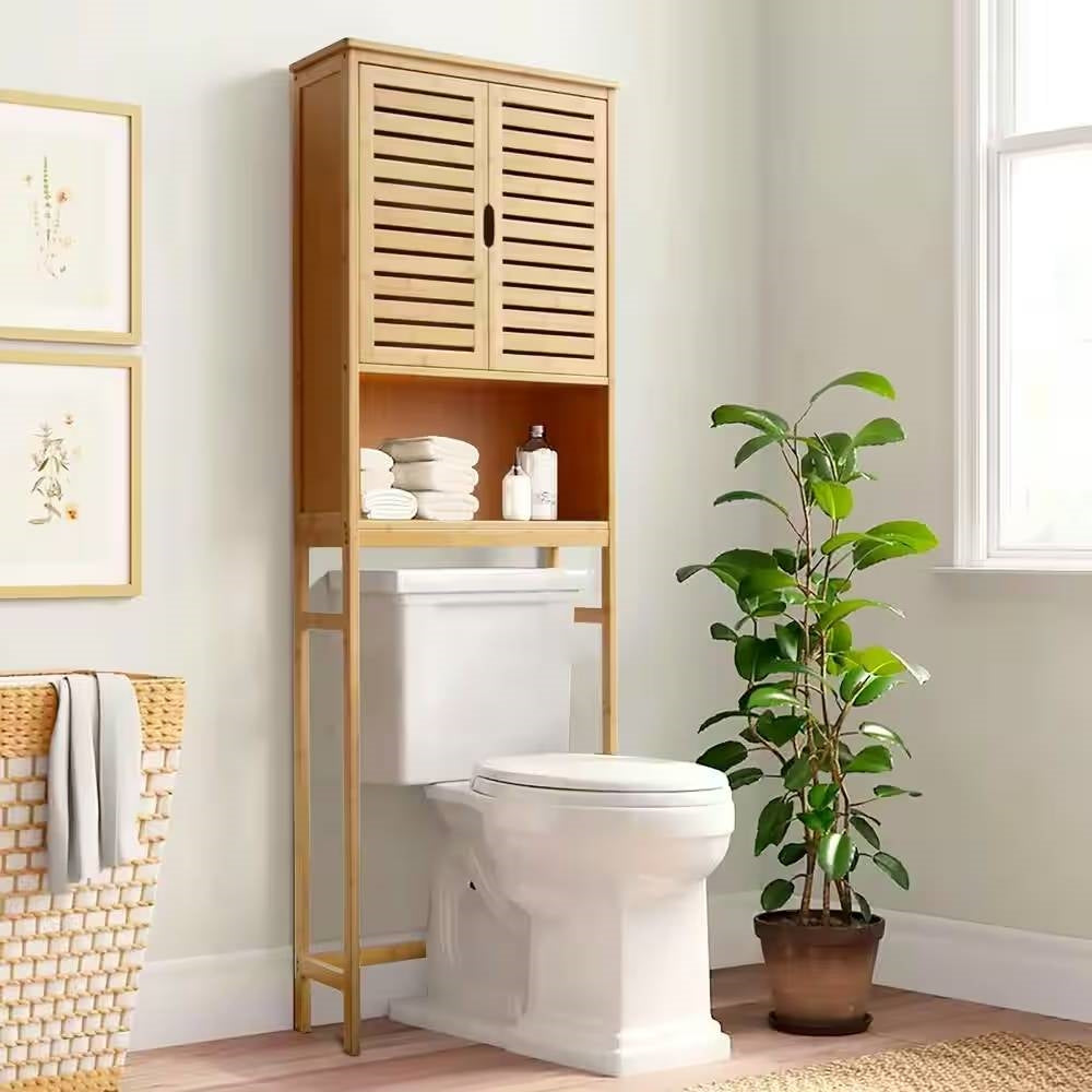 Over the Toilet Bathroom Storage Cabinet Shelf in Light Brown Yellow Wood Finish-0