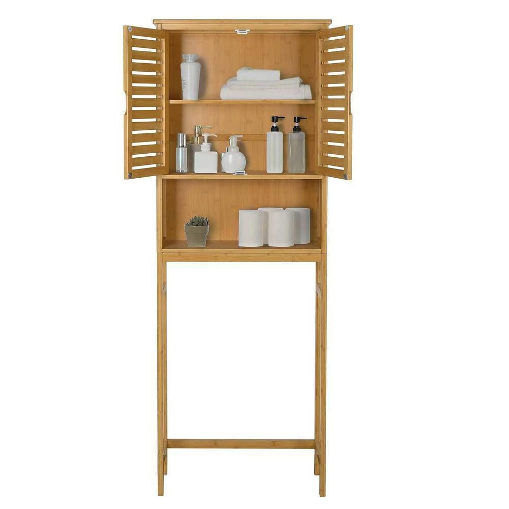 Over the Toilet Bathroom Storage Cabinet Shelf in Light Brown Yellow Wood Finish-2