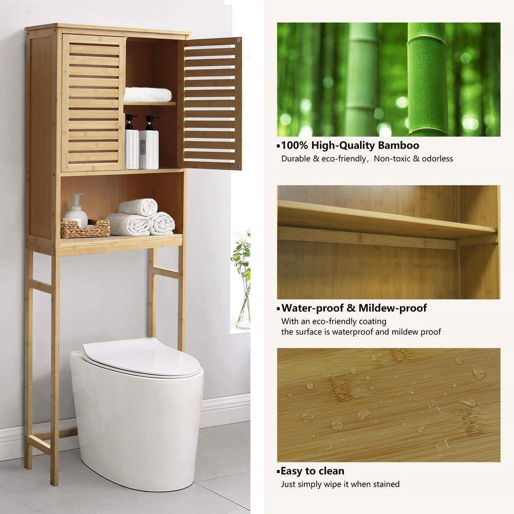 Over the Toilet Bathroom Storage Cabinet Shelf in Light Brown Yellow Wood Finish-3