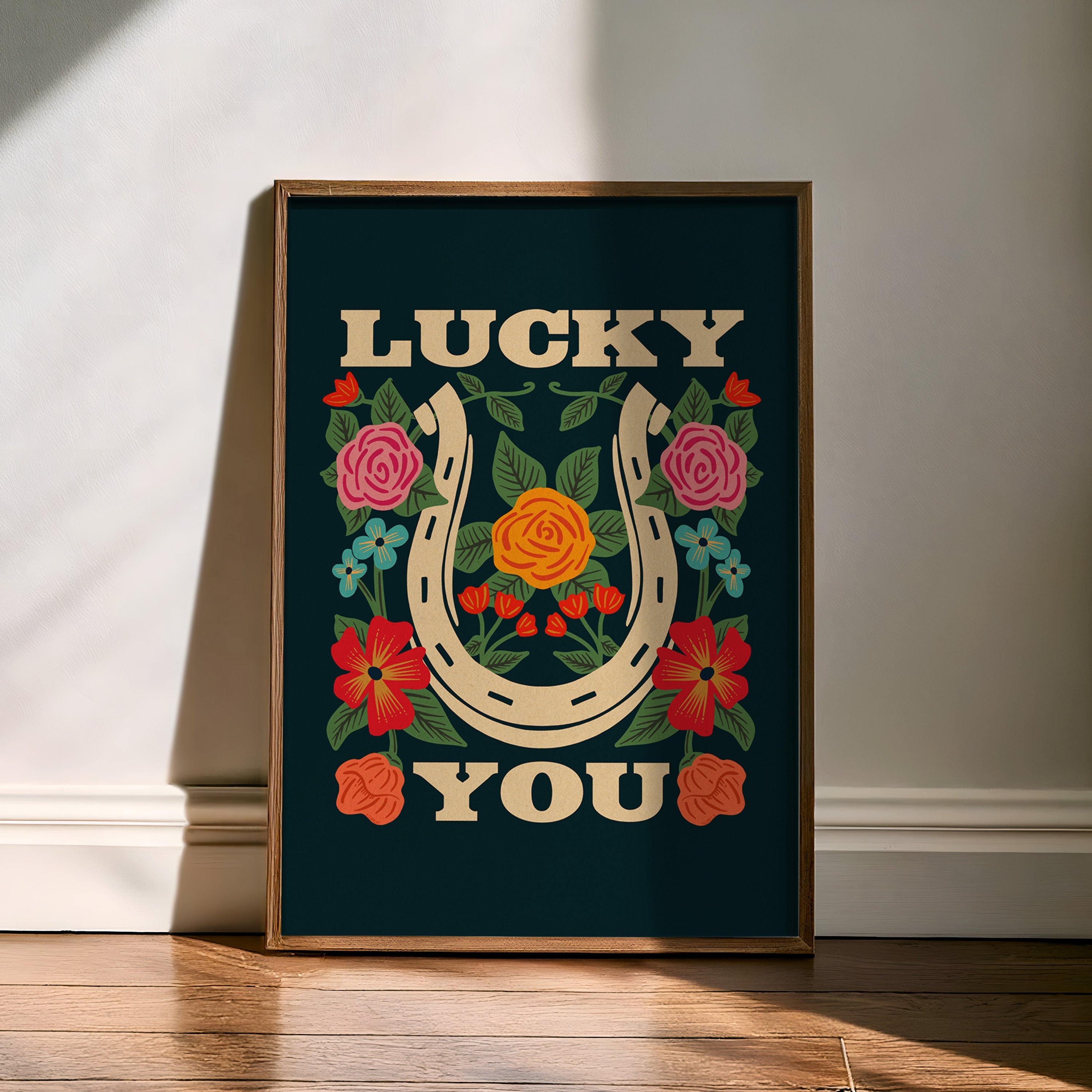 Lucky You Floral Horseshoe Art Print - Navy
