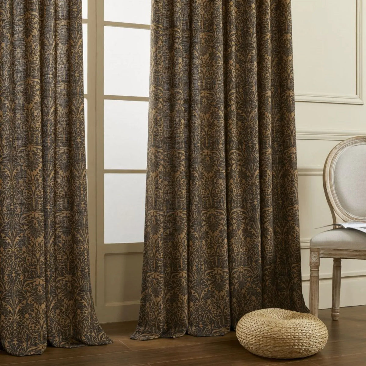 Victoria Beige Printed Damask Linen Curtains