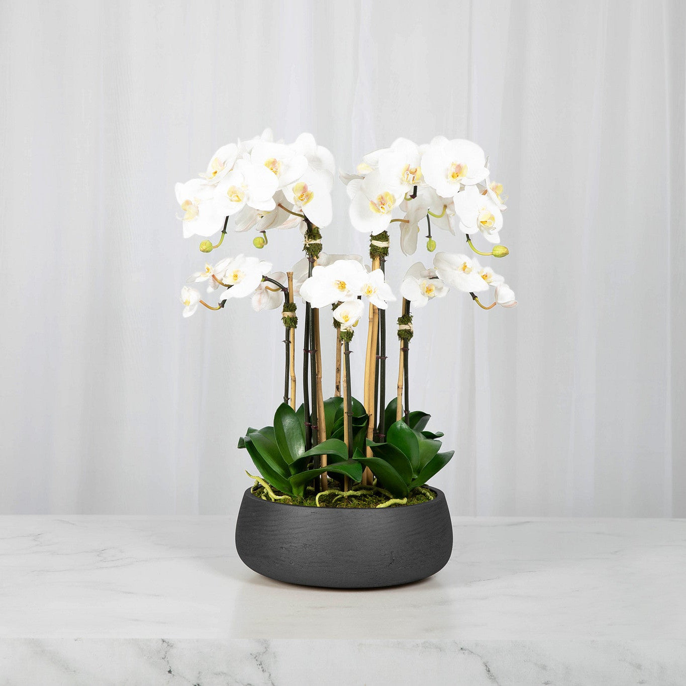 Faux White Orchid Arrangement in Matte Black Planter