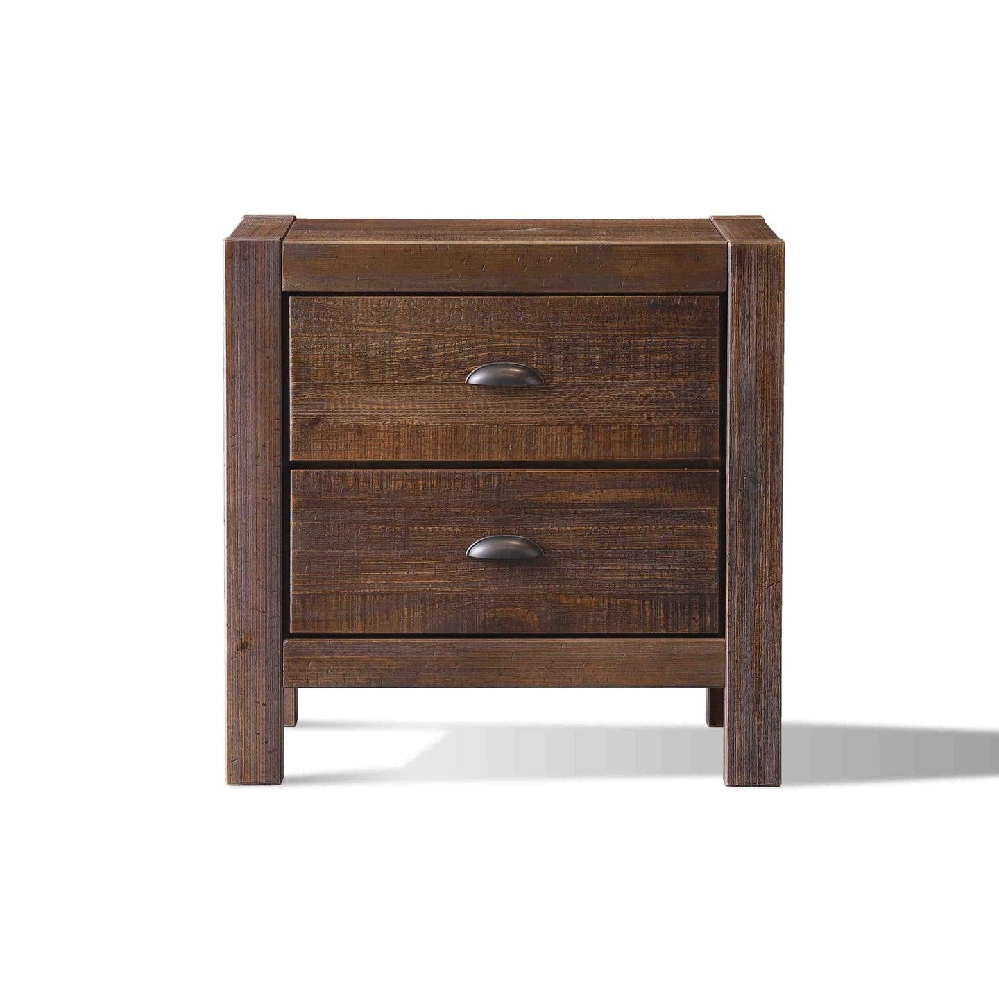 Farmhouse Style Solid Pine Wood 2-Drawer Nightstand Bedside Table in Walnut-1