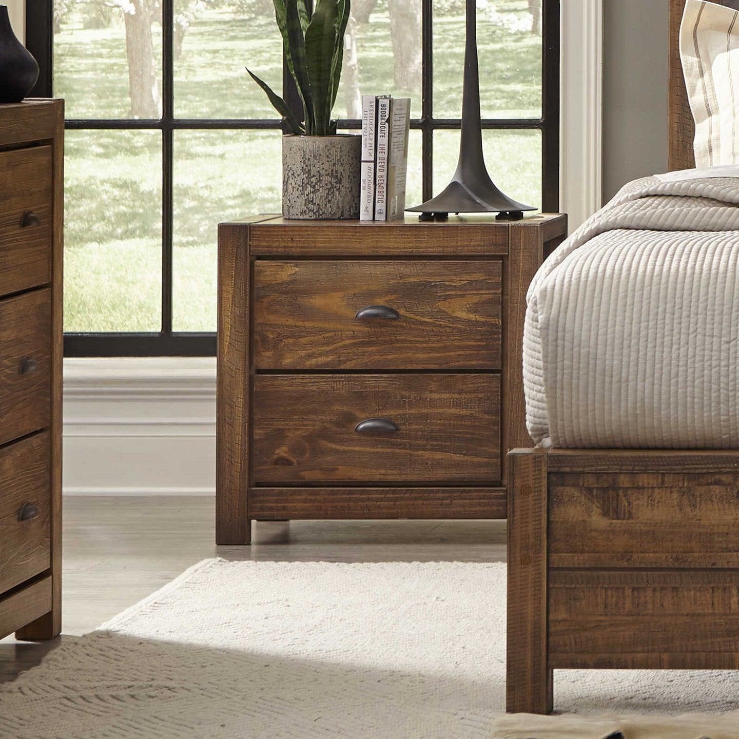 Farmhouse Style Solid Pine Wood 2-Drawer Nightstand Bedside Table in Walnut-3