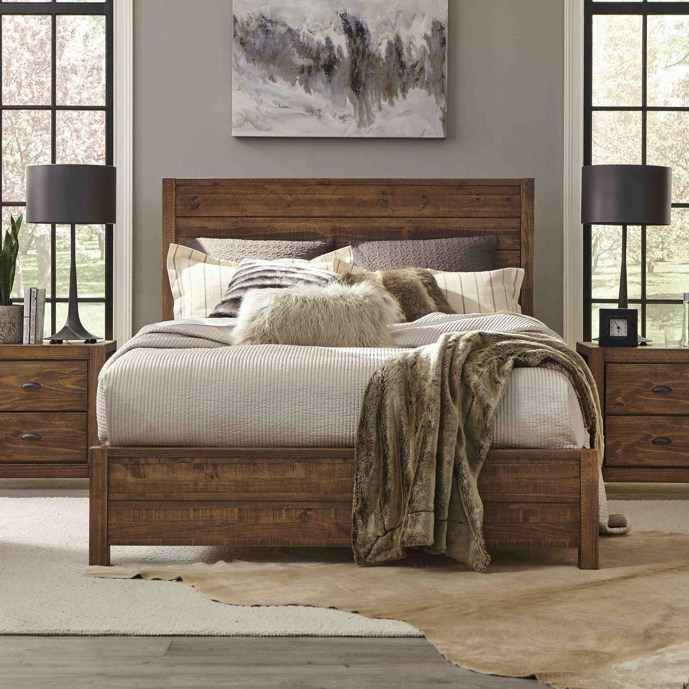 FarmHome Walnut Solid Pine Platform Bed in Queen Size-3