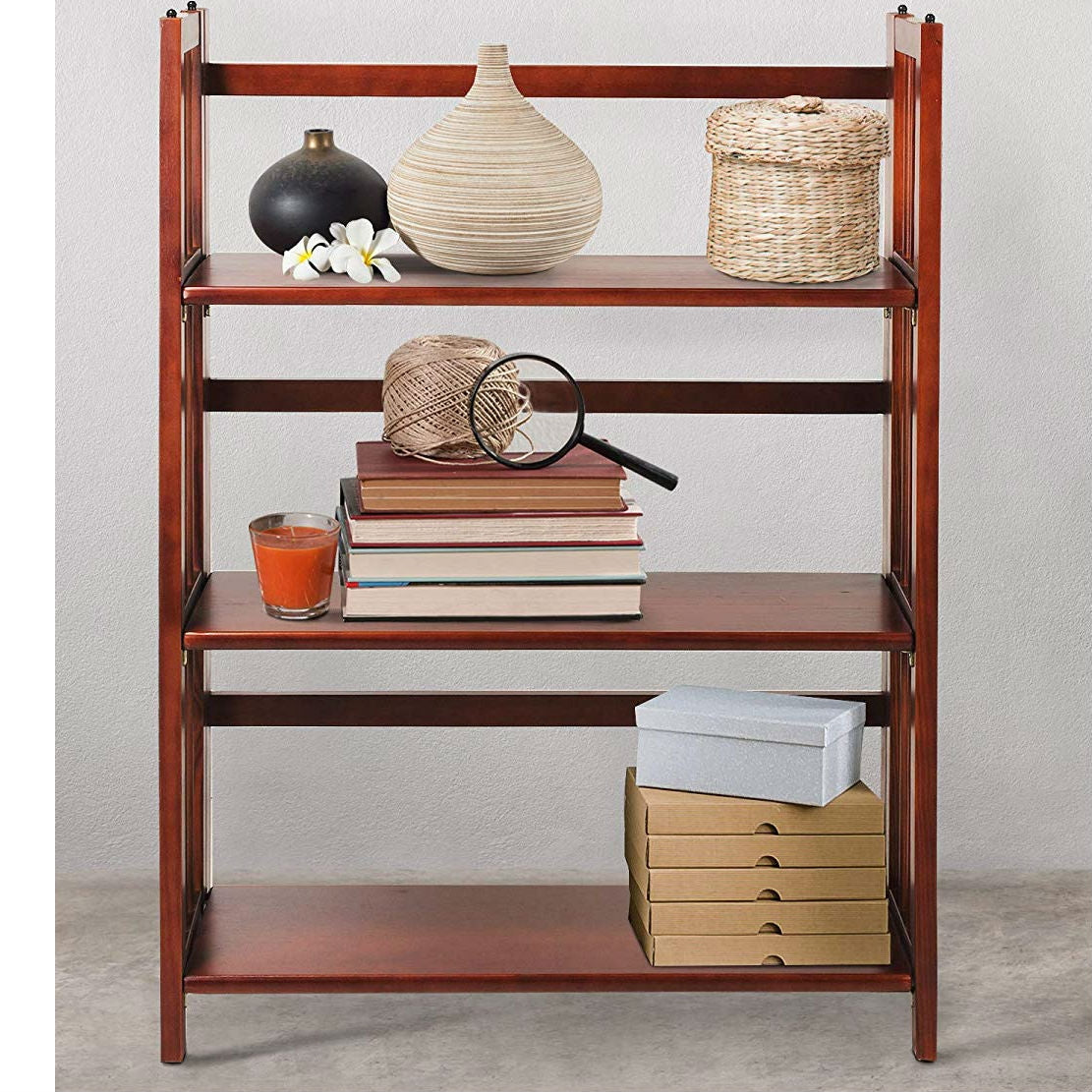 3-Shelf Folding Storage Shelves Bookcase in Walnut Wood Finish-2