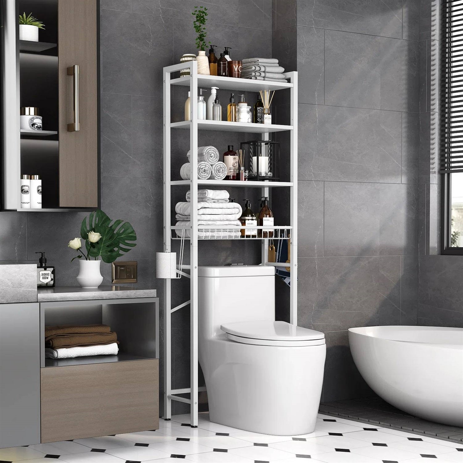 White Over the Toilet Storage Freestanding Industrial Metal Wood Shelving Unit-0