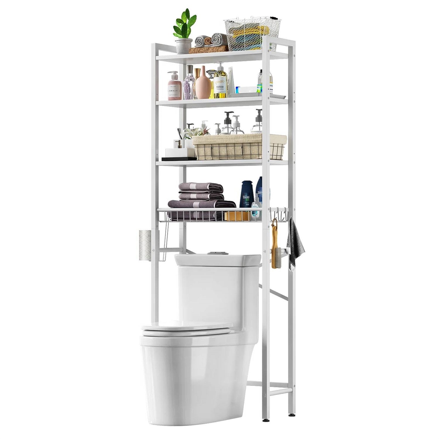 White Over the Toilet Storage Freestanding Industrial Metal Wood Shelving Unit-1