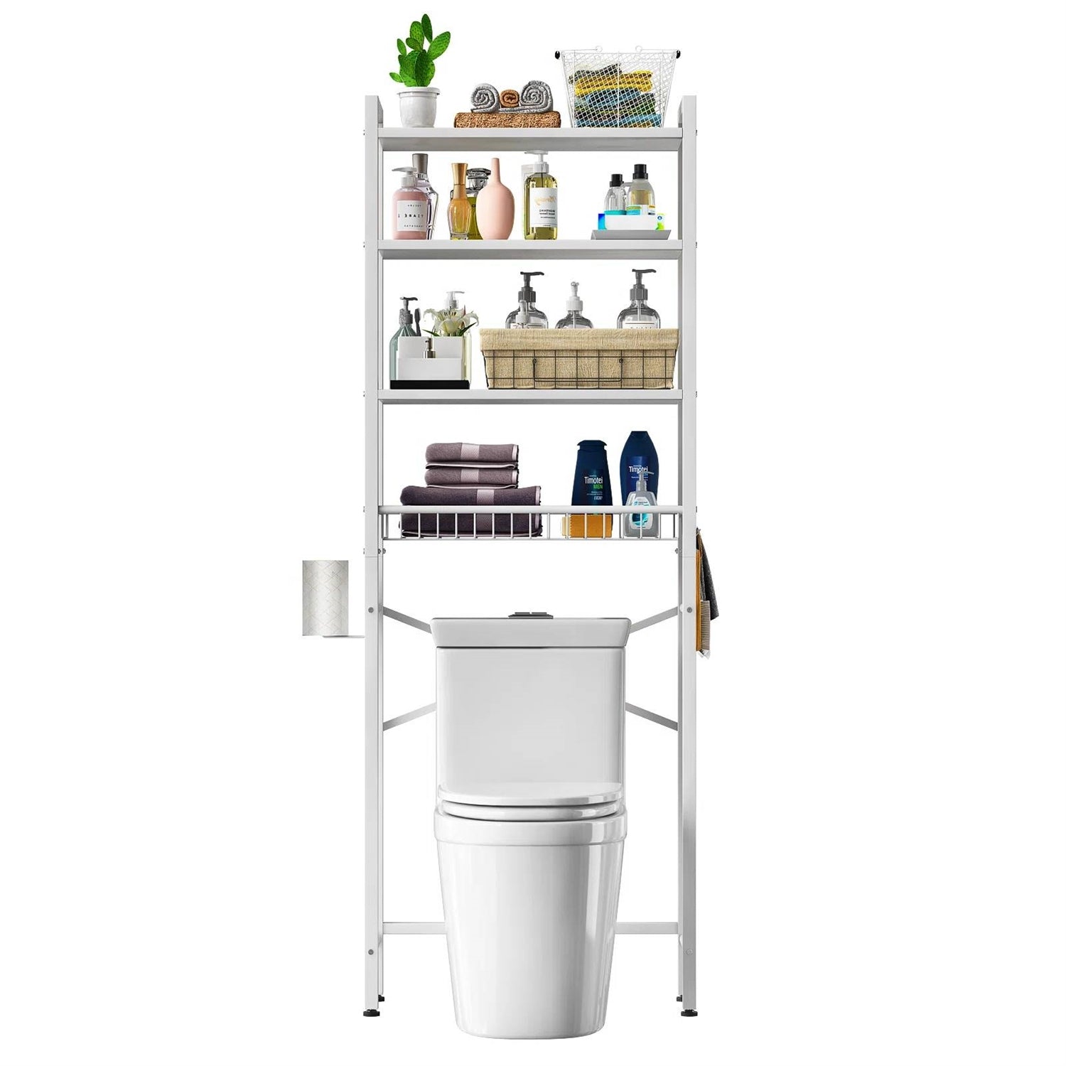 White Over the Toilet Storage Freestanding Industrial Metal Wood Shelving Unit-2