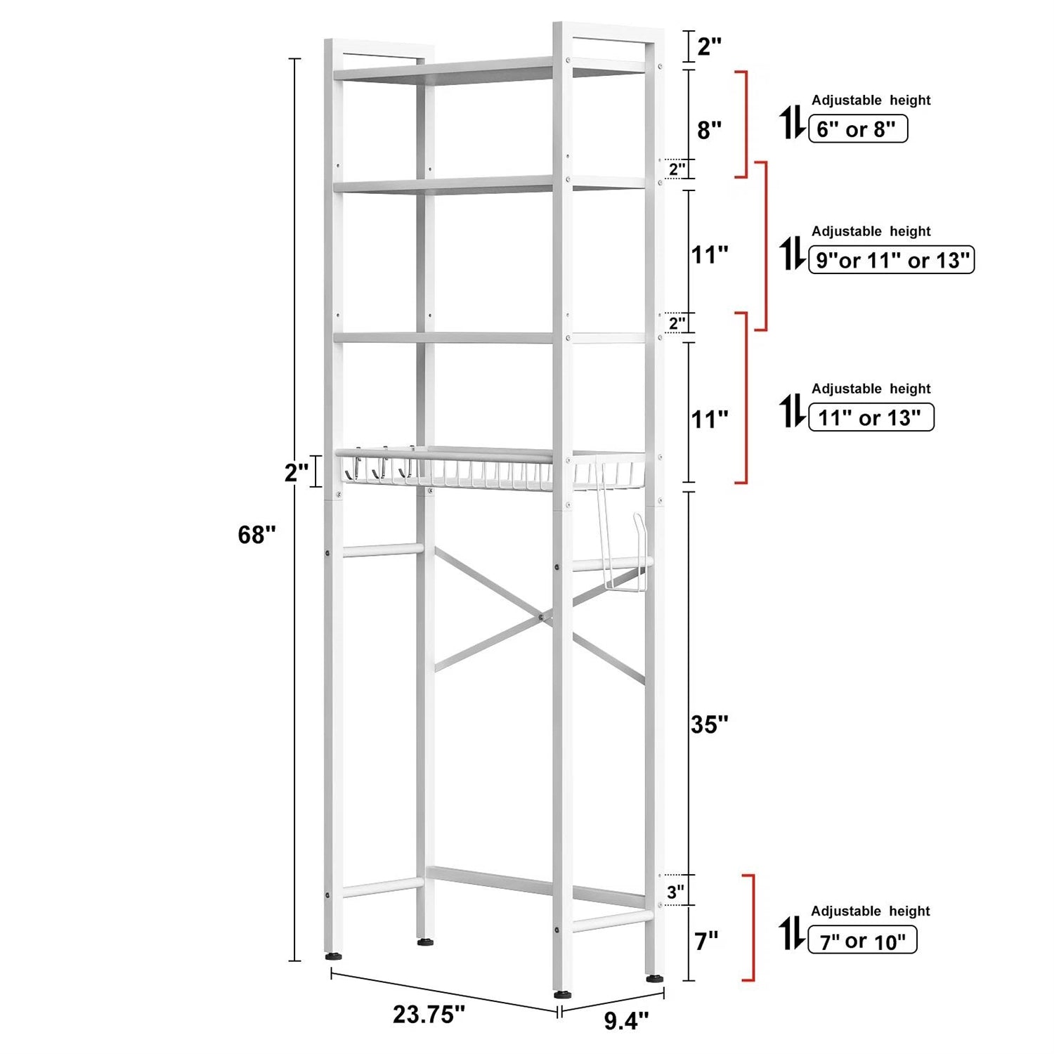 White Over the Toilet Storage Freestanding Industrial Metal Wood Shelving Unit-4