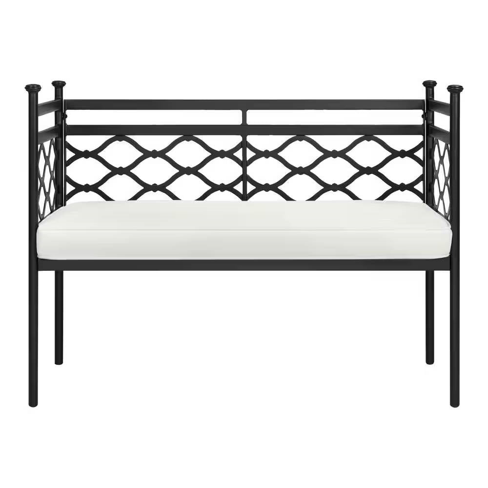 Outdoor Patio Black Metal Garden Bench with White Natural Seat Cushion-0