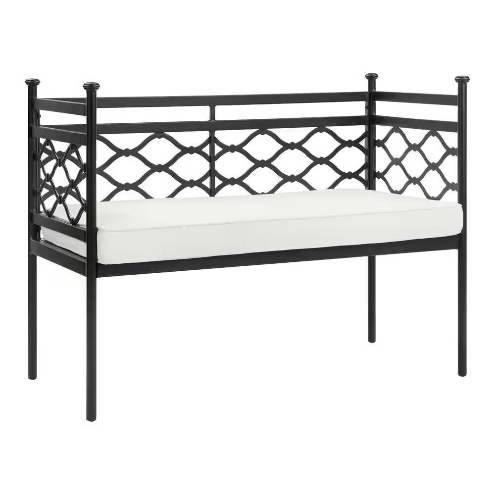 Outdoor Patio Black Metal Garden Bench with White Natural Seat Cushion-2