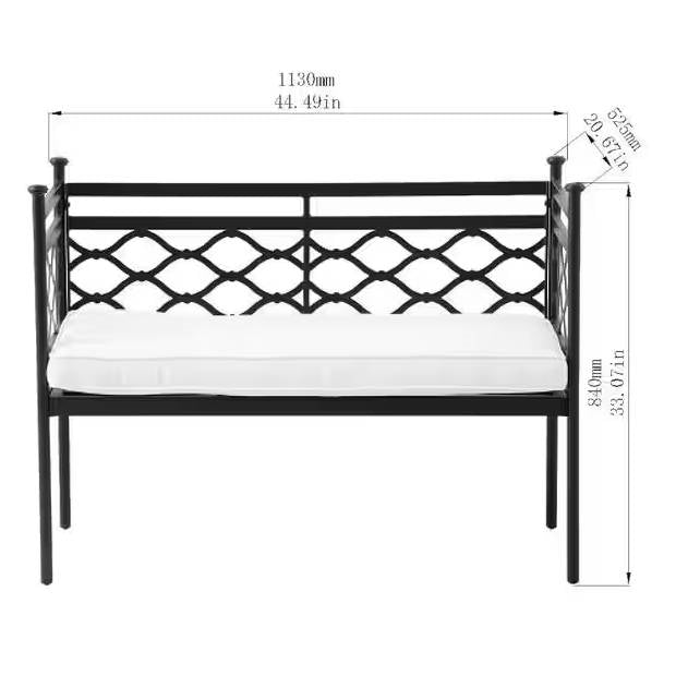 Outdoor Patio Black Metal Garden Bench with White Natural Seat Cushion-4