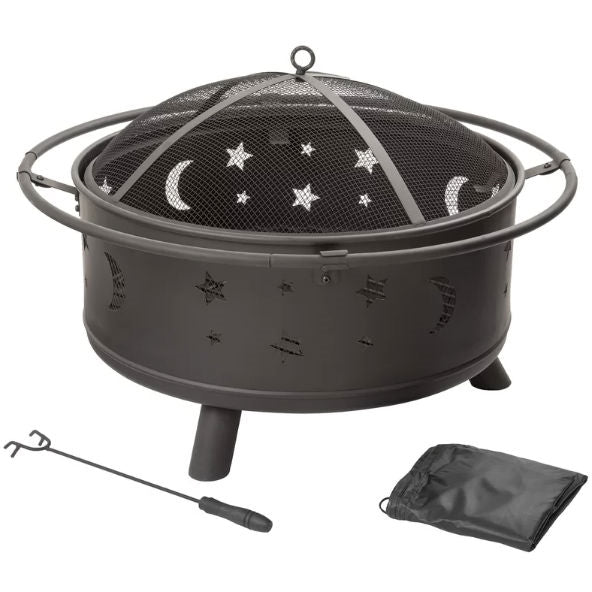 Heavy Duty Steel Metal Wood Burning Fire Pit with Moon and Stars Cutouts-0