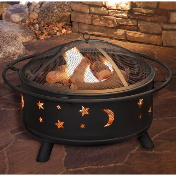 Heavy Duty Steel Metal Wood Burning Fire Pit with Moon and Stars Cutouts-1