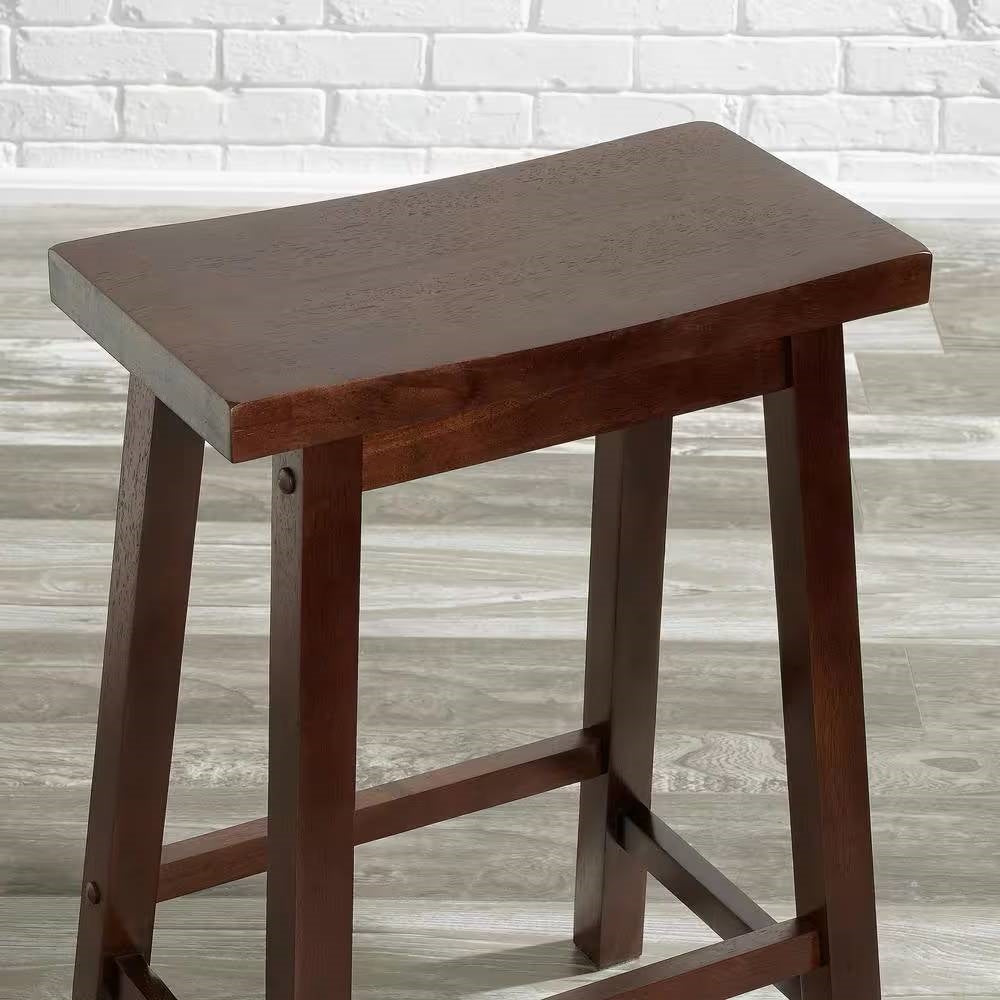 Set of 2 Farmhouse Counter Height Saddle Bar Stools in Brown Walnut Wood Finish-2