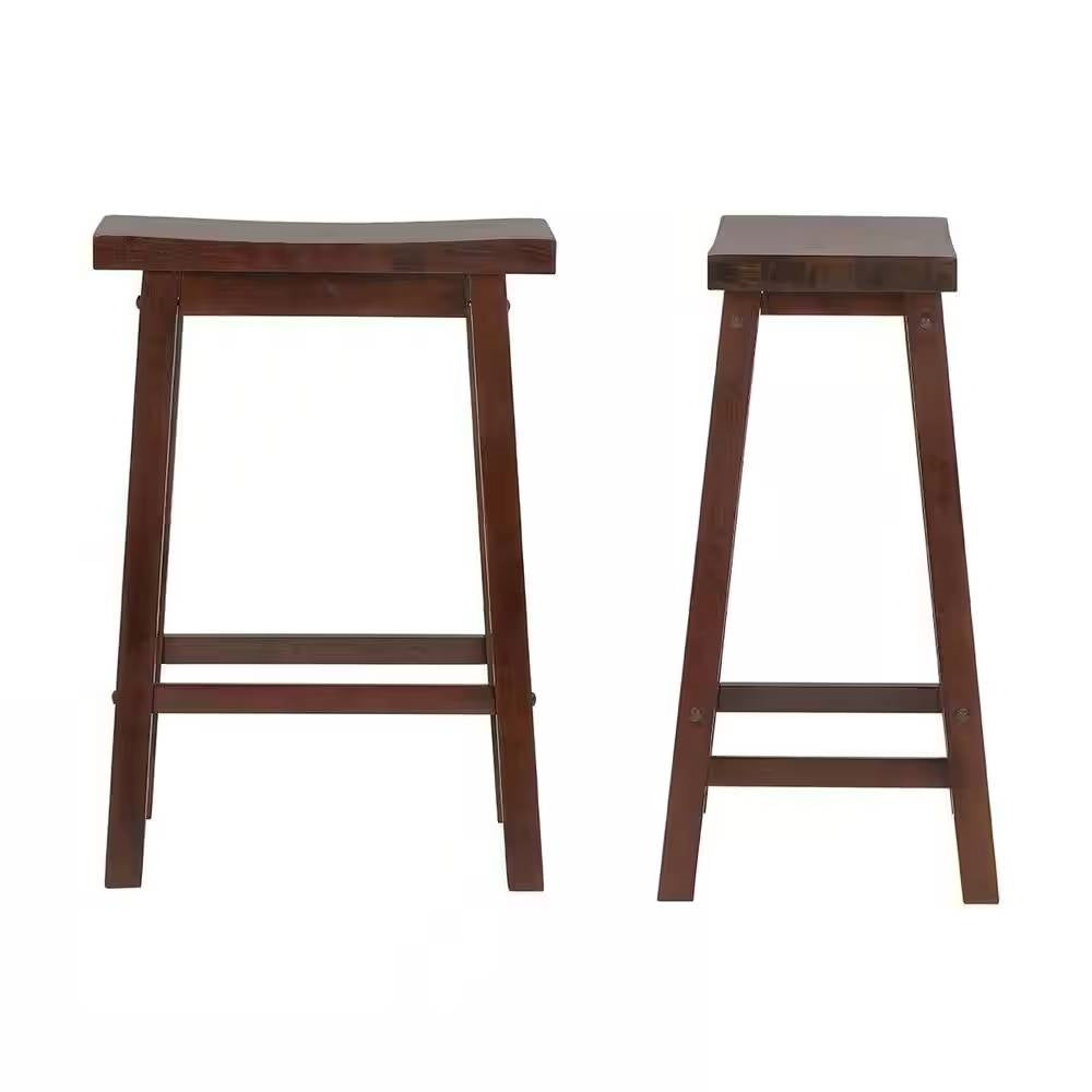 Set of 2 Farmhouse Counter Height Saddle Bar Stools in Brown Walnut Wood Finish-3