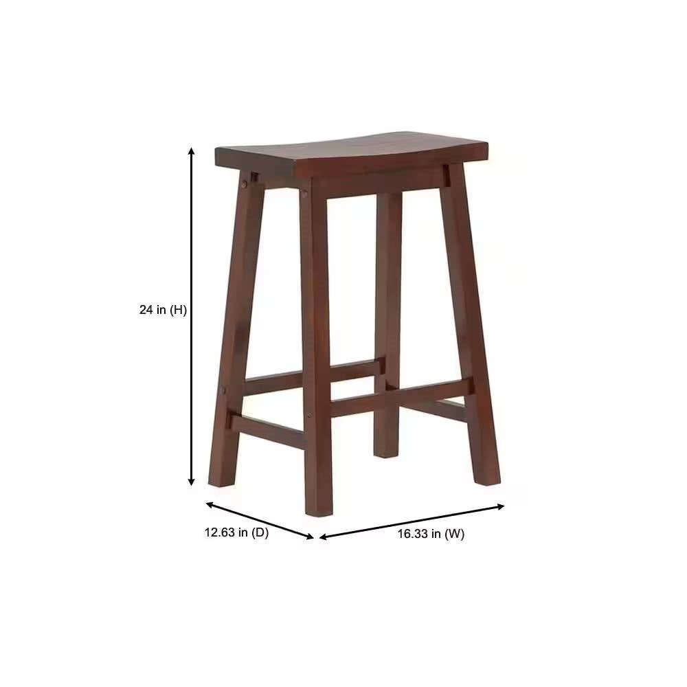 Set of 2 Farmhouse Counter Height Saddle Bar Stools in Brown Walnut Wood Finish-4