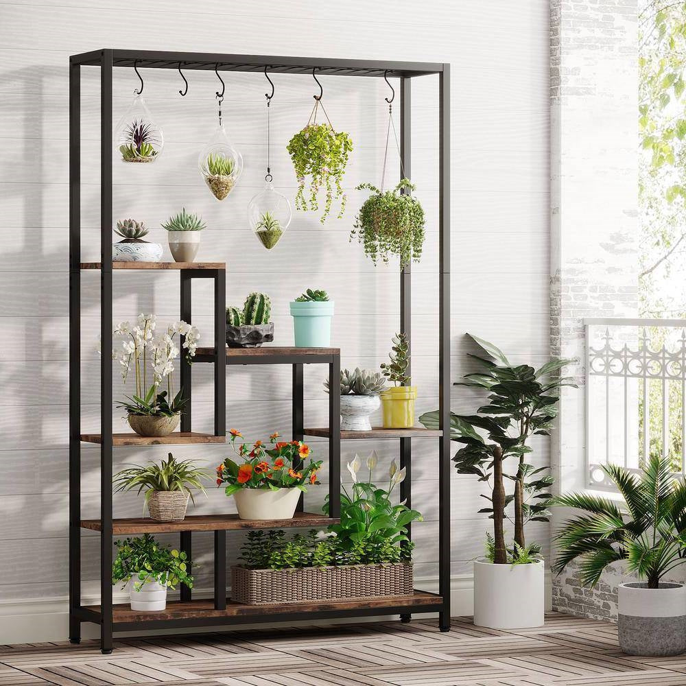 Modern Industrial Heavy Duty Metal Wood Plant Stand with 10 Hanging Hooks-1