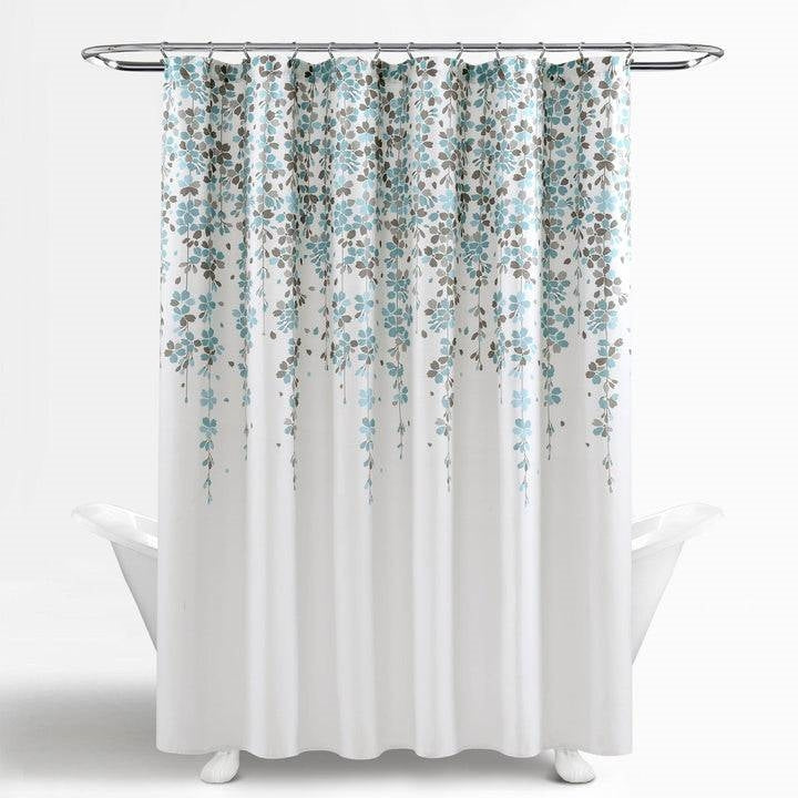 72-inch White Blue Grey Floral Flowers Shower Curtain-0