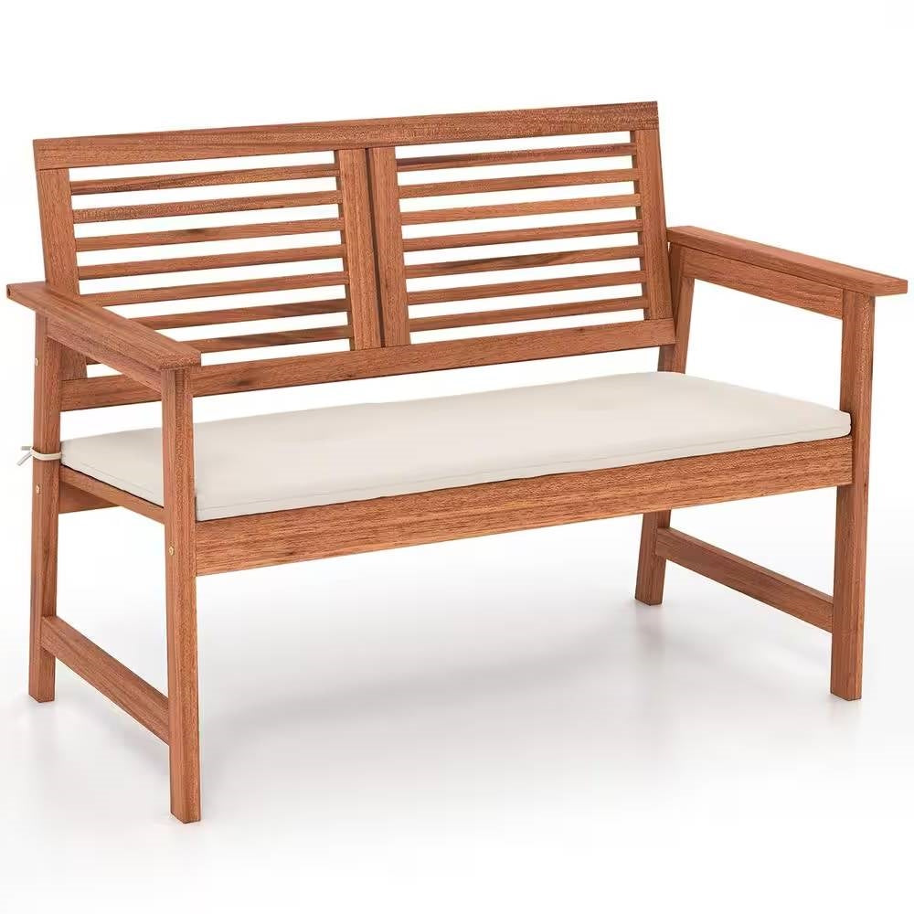 Solid Wood Outdoor Patio Garden Bench w/ Slatted Back Armrests and Seat Cushion-0