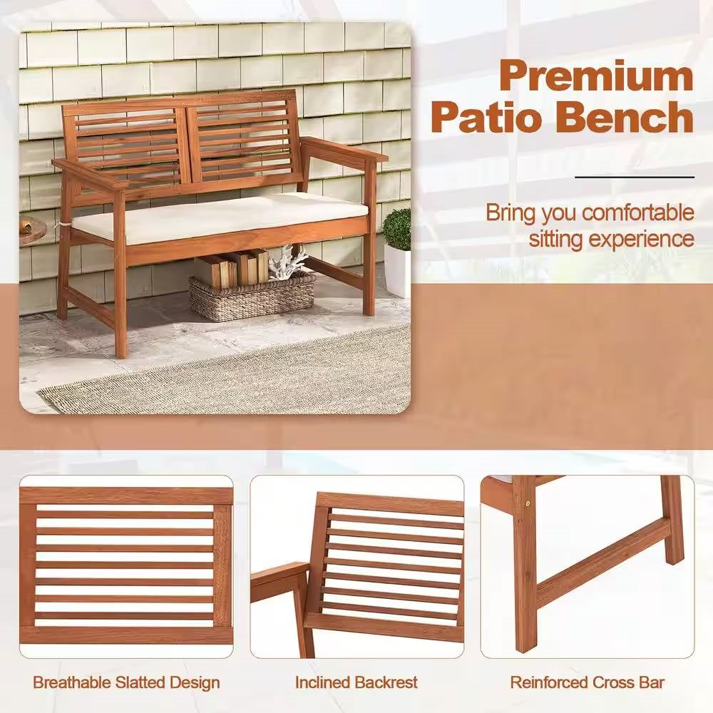 Solid Wood Outdoor Patio Garden Bench w/ Slatted Back Armrests and Seat Cushion-1