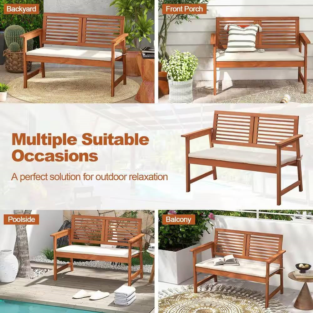 Solid Wood Outdoor Patio Garden Bench w/ Slatted Back Armrests and Seat Cushion-2