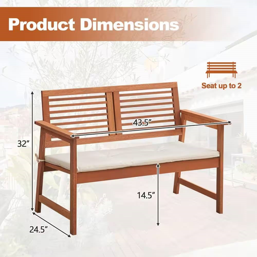 Solid Wood Outdoor Patio Garden Bench w/ Slatted Back Armrests and Seat Cushion-4