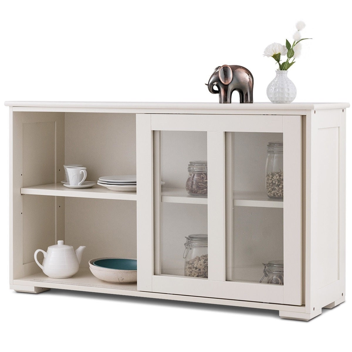 Modern White Wood Buffet Sideboard Cabinet with Glass Sliding Door-0