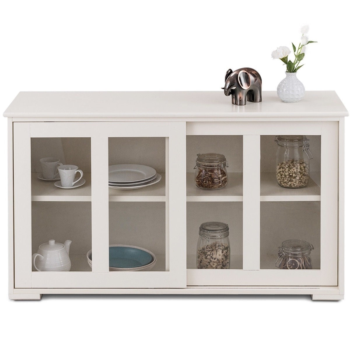 Modern White Wood Buffet Sideboard Cabinet with Glass Sliding Door-2