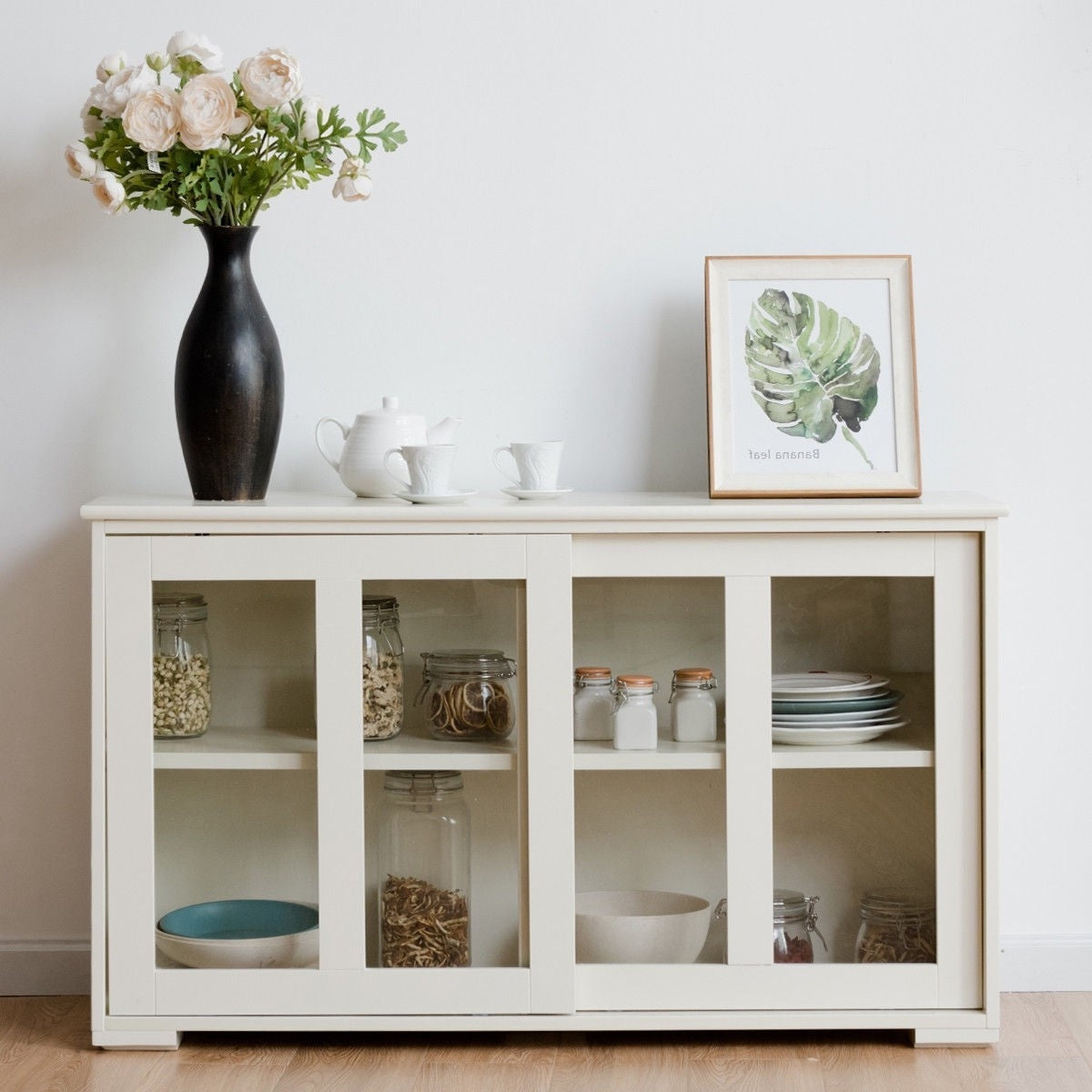 Modern White Wood Buffet Sideboard Cabinet with Glass Sliding Door-3