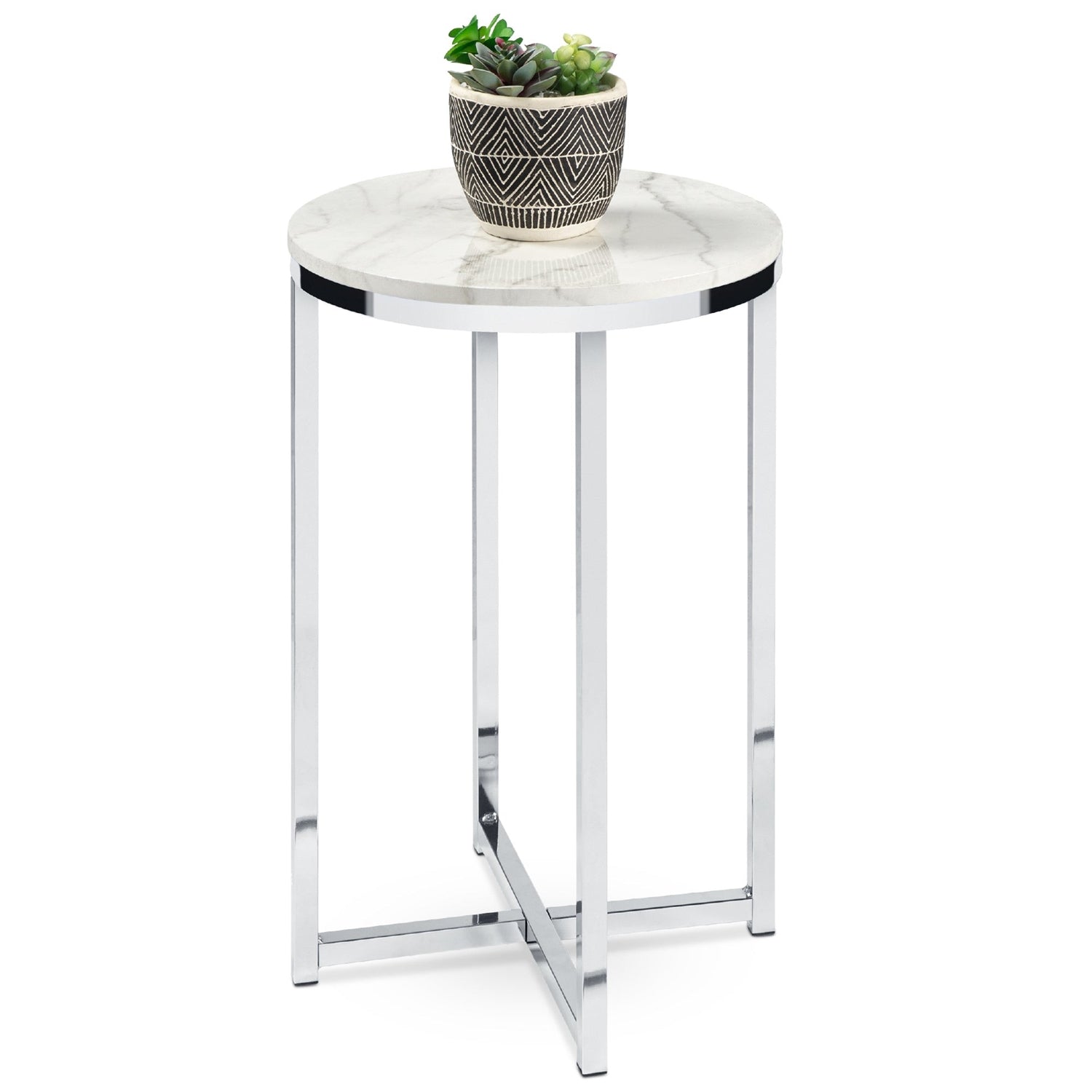 Round Cross Leg Design Coffee Side Table Nightstand with Faux Marble Top White/Chrome-0