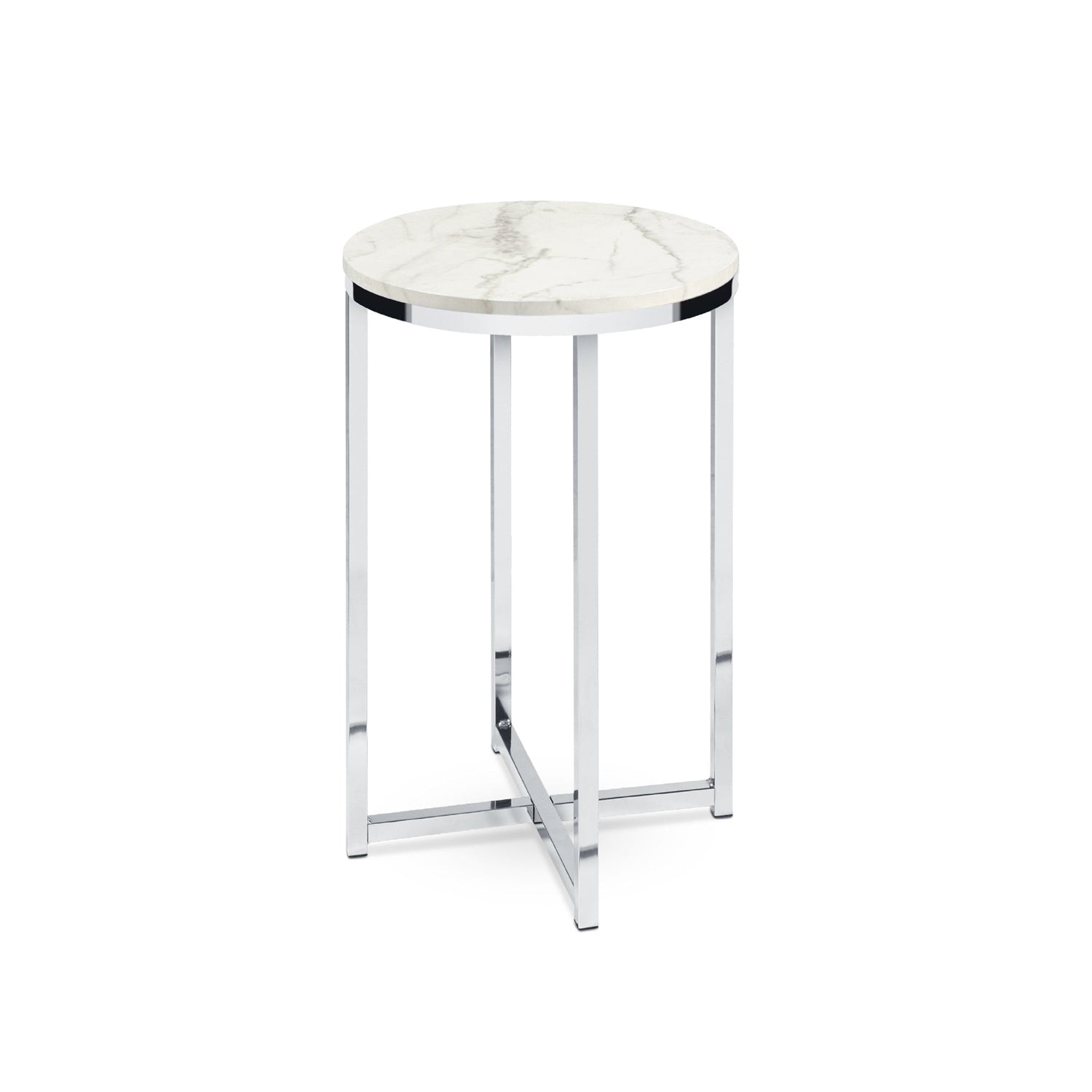 Round Cross Leg Design Coffee Side Table Nightstand with Faux Marble Top White/Chrome-1