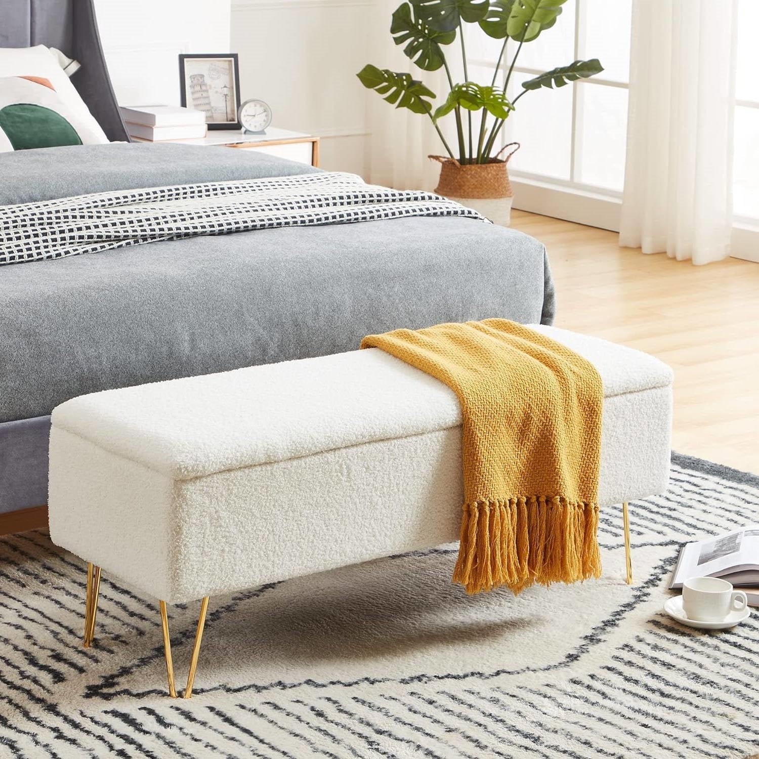 White Sherpa Fabric Upholstered End of Bed Storage Bench with Gold Finish Legs-0