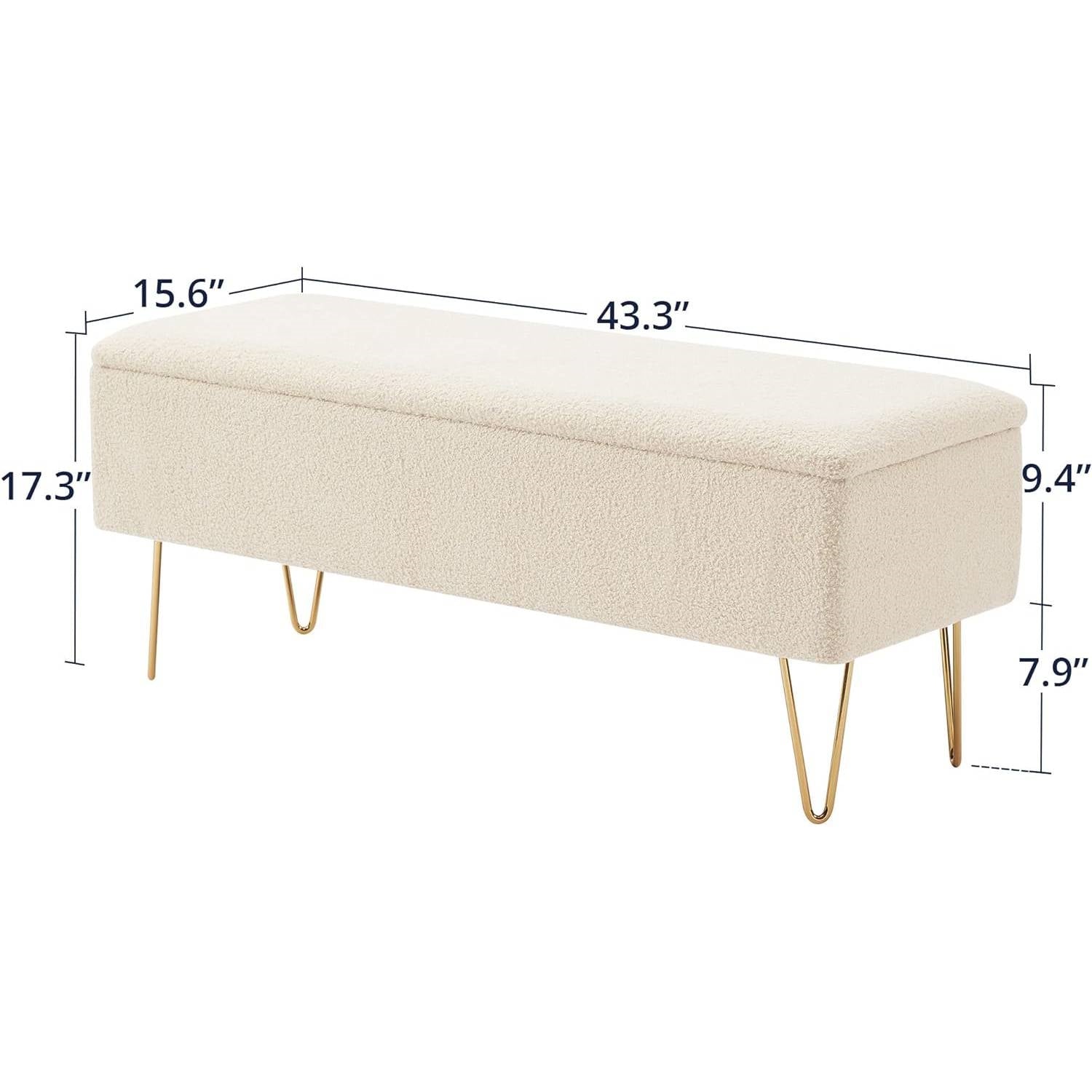 White Sherpa Fabric Upholstered End of Bed Storage Bench with Gold Finish Legs-4