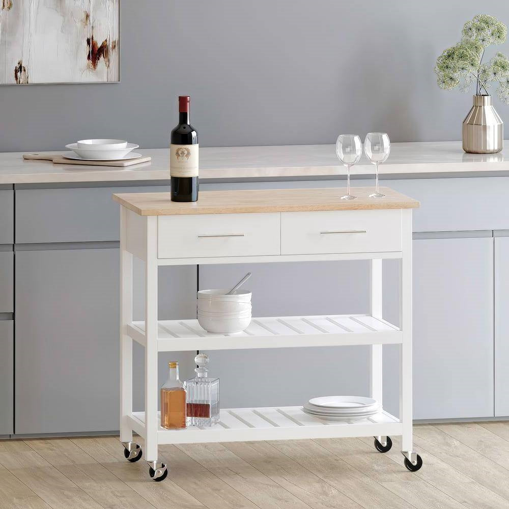 Modern White Kitchen Island Cart with Wood Top 2 Drawers and 2 Bottom Shelves-0