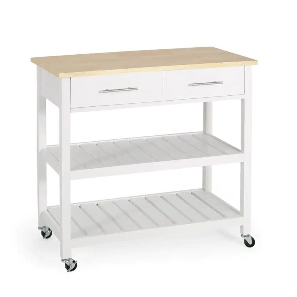 Modern White Kitchen Island Cart with Wood Top 2 Drawers and 2 Bottom Shelves-1