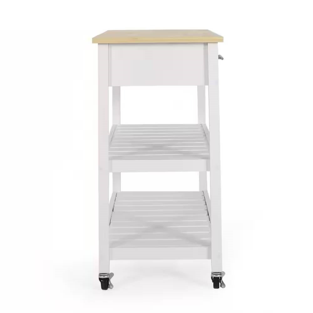 Modern White Kitchen Island Cart with Wood Top 2 Drawers and 2 Bottom Shelves-2