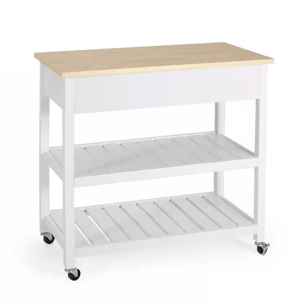 Modern White Kitchen Island Cart with Wood Top 2 Drawers and 2 Bottom Shelves-3