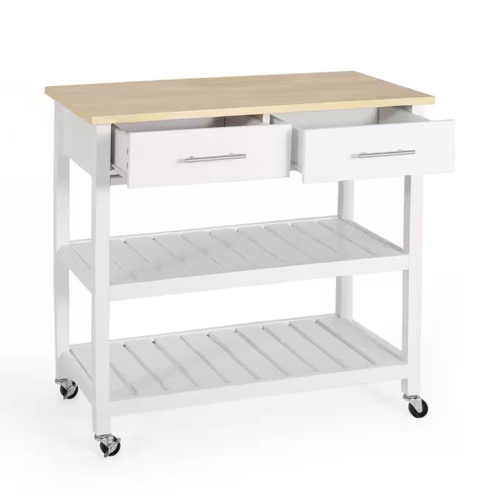 Modern White Kitchen Island Cart with Wood Top 2 Drawers and 2 Bottom Shelves-4