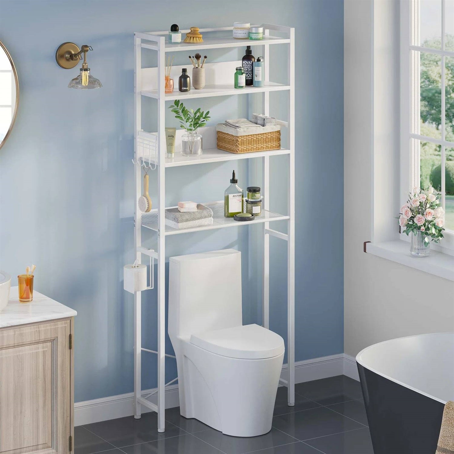 White Over the Toilet Storage Freestanding Modern Metal Wood Shelving Unit-0