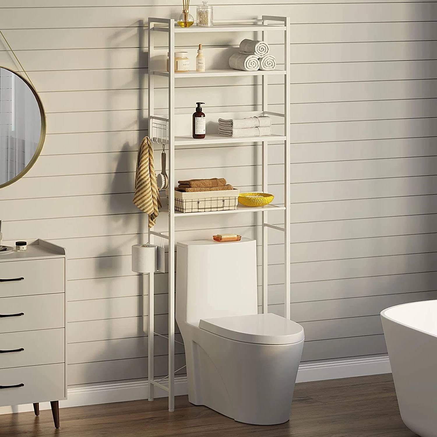 White Over the Toilet Storage Freestanding Modern Metal Wood Shelving Unit-1