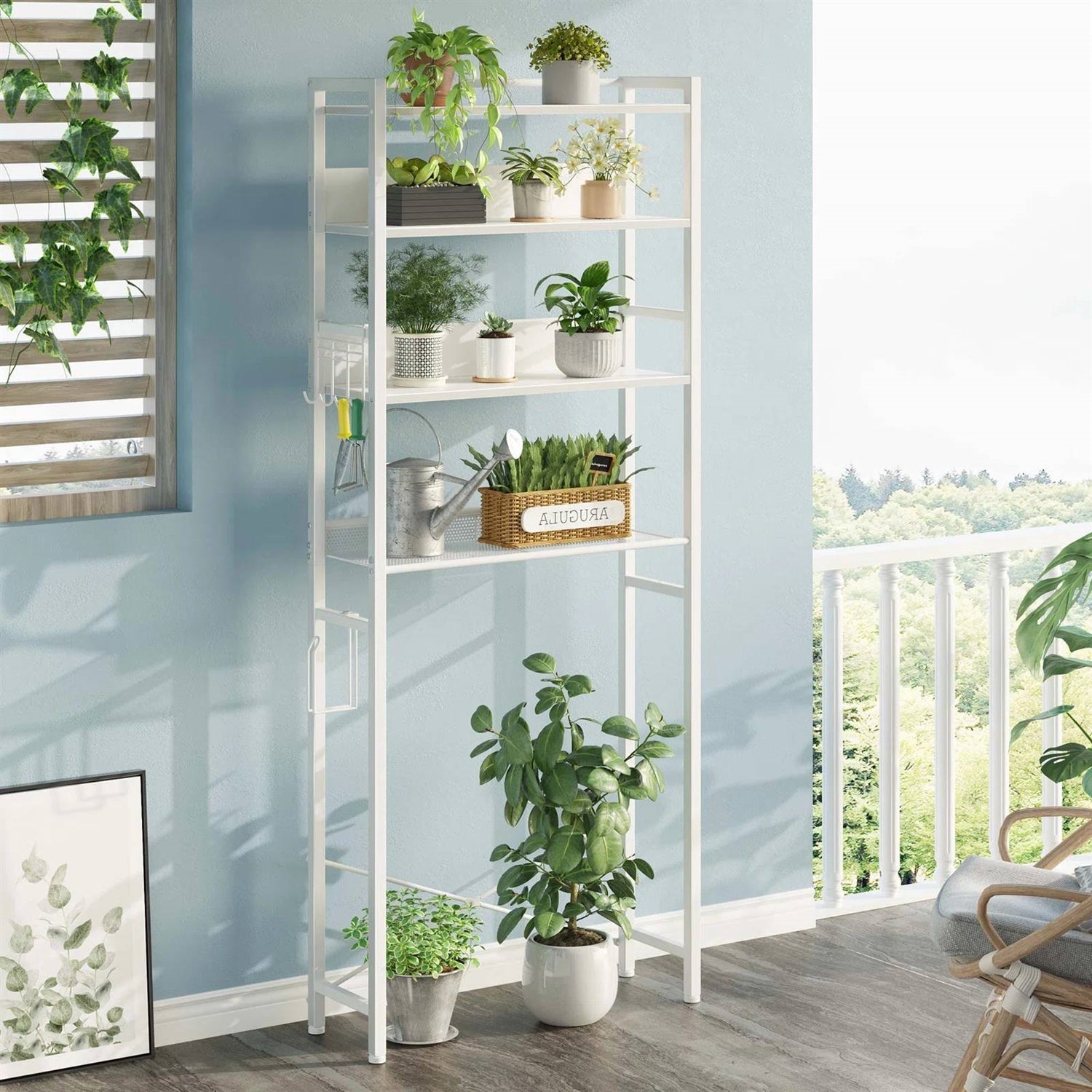 White Over the Toilet Storage Freestanding Modern Metal Wood Shelving Unit-3