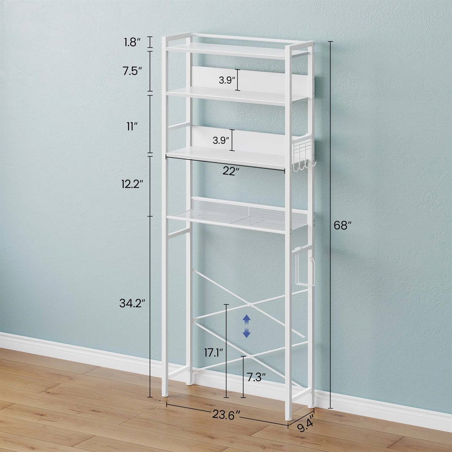 White Over the Toilet Storage Freestanding Modern Metal Wood Shelving Unit-4