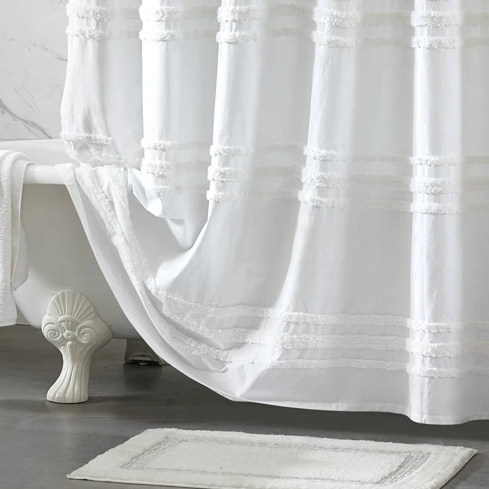 72-inch White Cotton Chenille Stripe Shower Curtain - Machine Washable-1