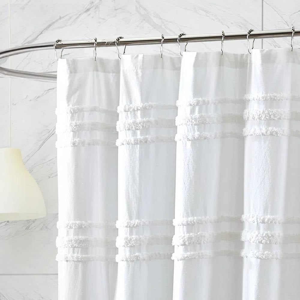 72-inch White Cotton Chenille Stripe Shower Curtain - Machine Washable-2