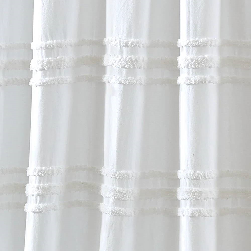 72-inch White Cotton Chenille Stripe Shower Curtain - Machine Washable-3