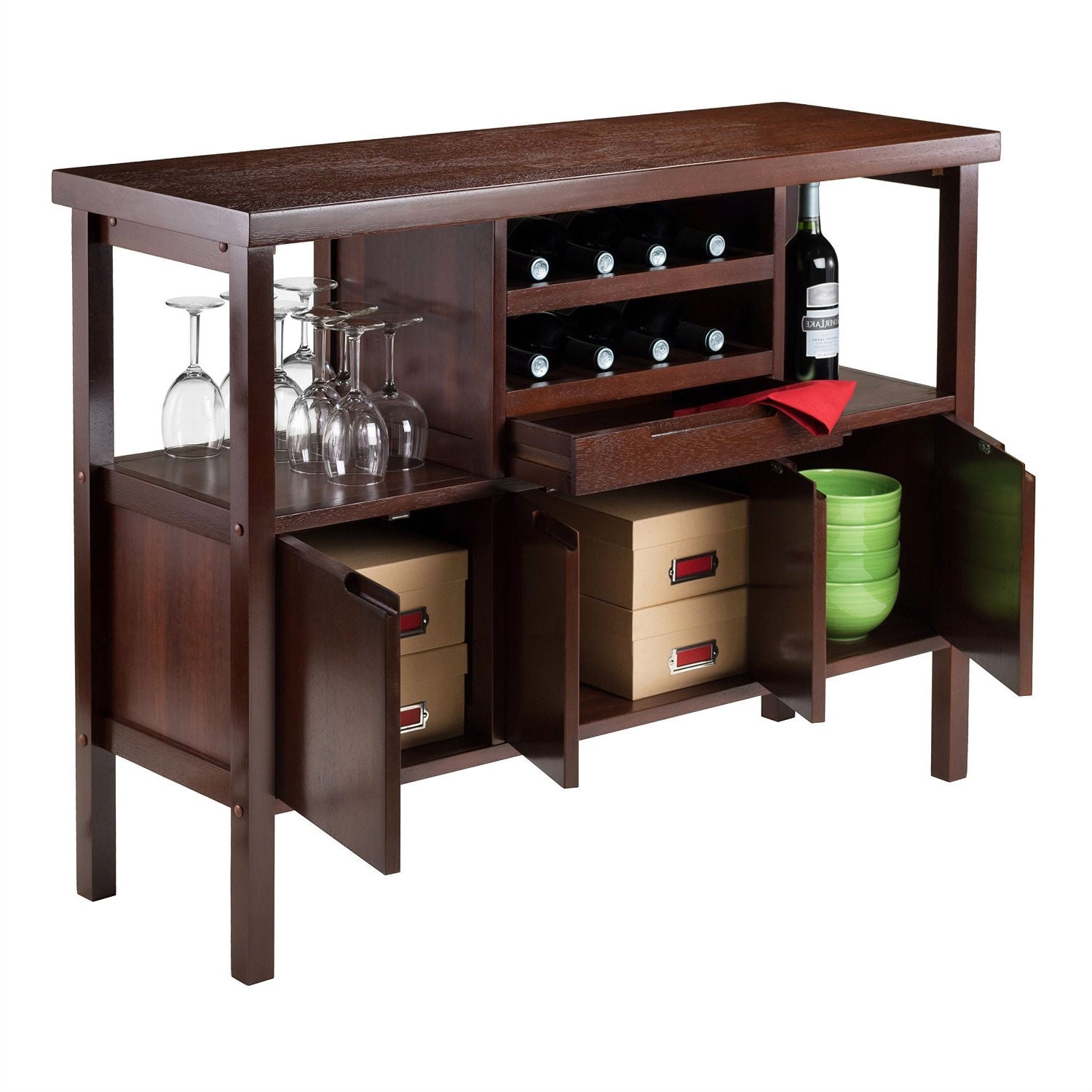 Sideboard Buffet Table Wine Rack in Brown Wood Finish-1